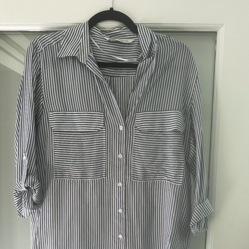 Zara Navy and White Striped Button Down Blouse Women's Size SMALL
